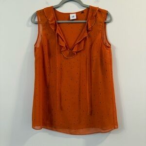 CAbi Women's Vibrant Orange polka dot Ruffle collar sleeveless Blouse
